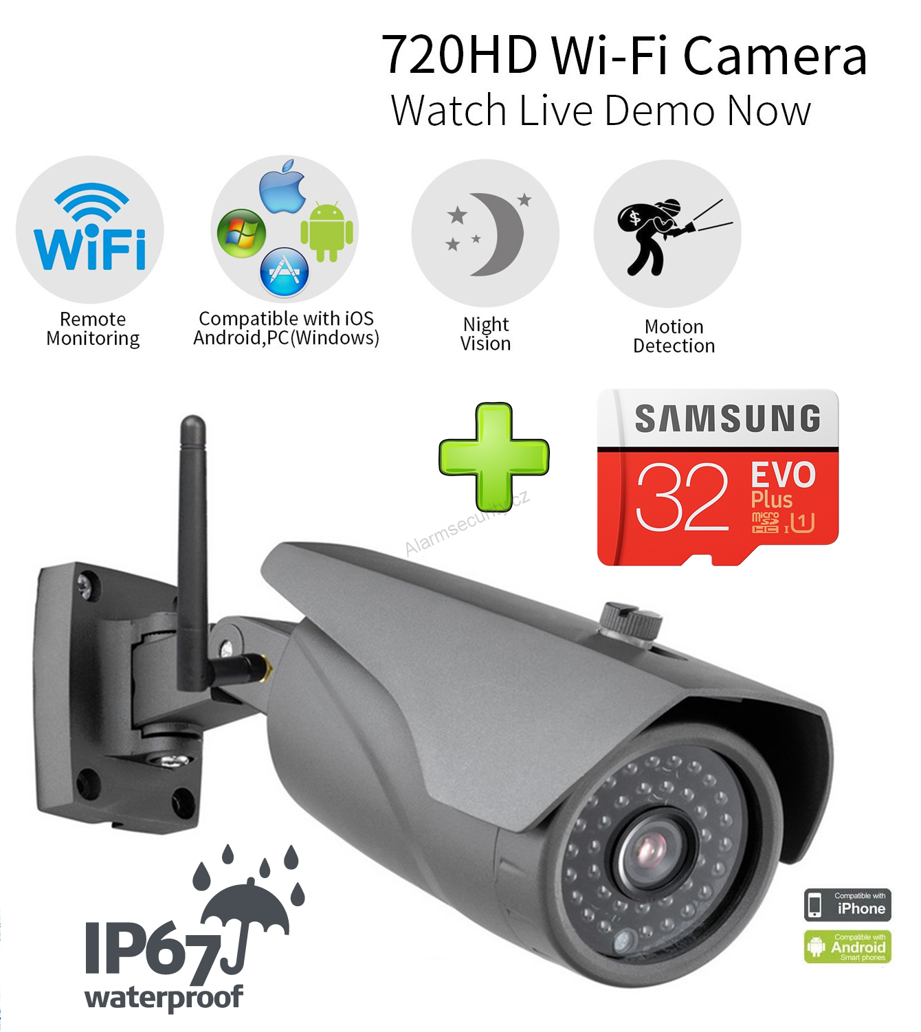 Venkovní IP kamera,Wi-Fi, LAN, 1Mpx, 720 HD, IR LED 25m, P2P+32GB Micro SD karta