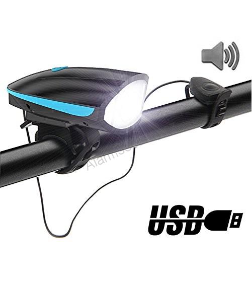 Přední LED cyklo svítilna se zvonkem 120 dB, USB, černá
