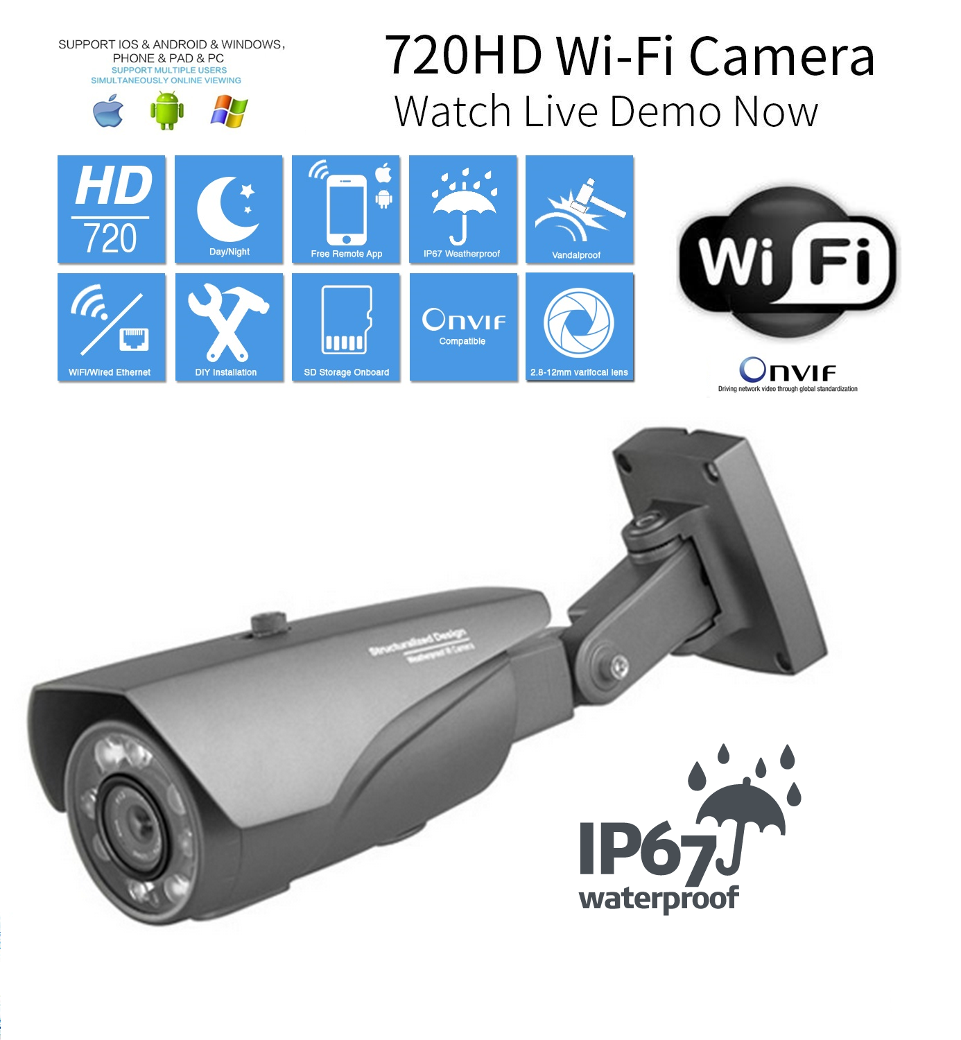 Venkovní varifokální IP kamera,Wi-Fi, LAN, 1Mpx, 720HD, IR LED 40m, P2P