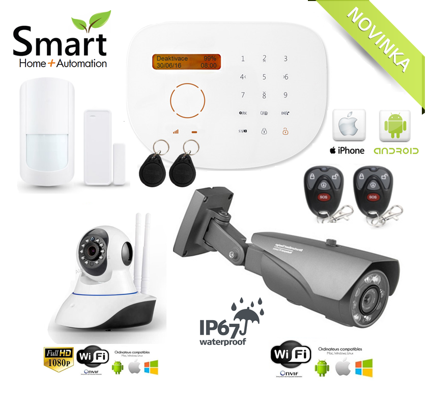 Bezdrátový GSM/RFID/LCD alarm systém SmartHome s venkovní a vnitřní IP kamerou